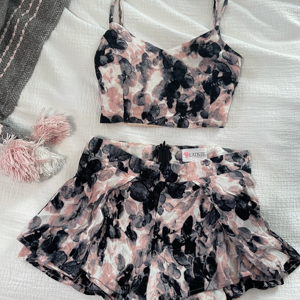 Pink floral two piece set tank top and shorts